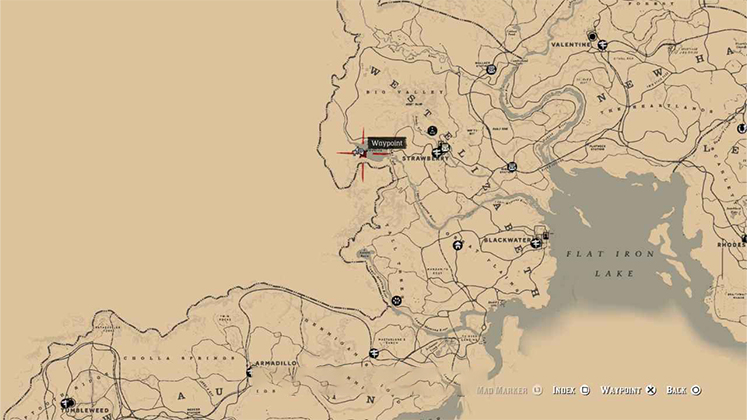 نقشه موقعیت&zwnj;یابی بازی RDR2 که مکان حکاکی روی سنگ را در غرب منطقه استرابری و مجاورت دریاچه اوانجلا (Owanjila) مشخص می&zwnj;کند