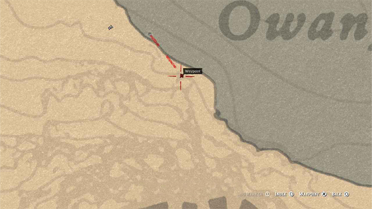 زوم دقیق روی نقشه RDR2 برای پیدا کردن محل قرارگیری حکاکی روی سنگ در ساحل غربی دریاچه اوانجلا