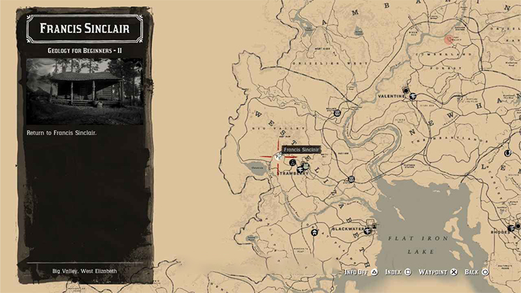 نقشه بازی RDR2 که نشان&zwnj;دهنده موقعیت مکانی ماموریت فرانسیس سینکلر (Francis Sinclair) برای تحویل نهایی اطلاعات حکاکی&zwnj;ها است